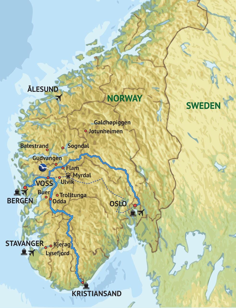 Карта Заходняй Нарвегіі