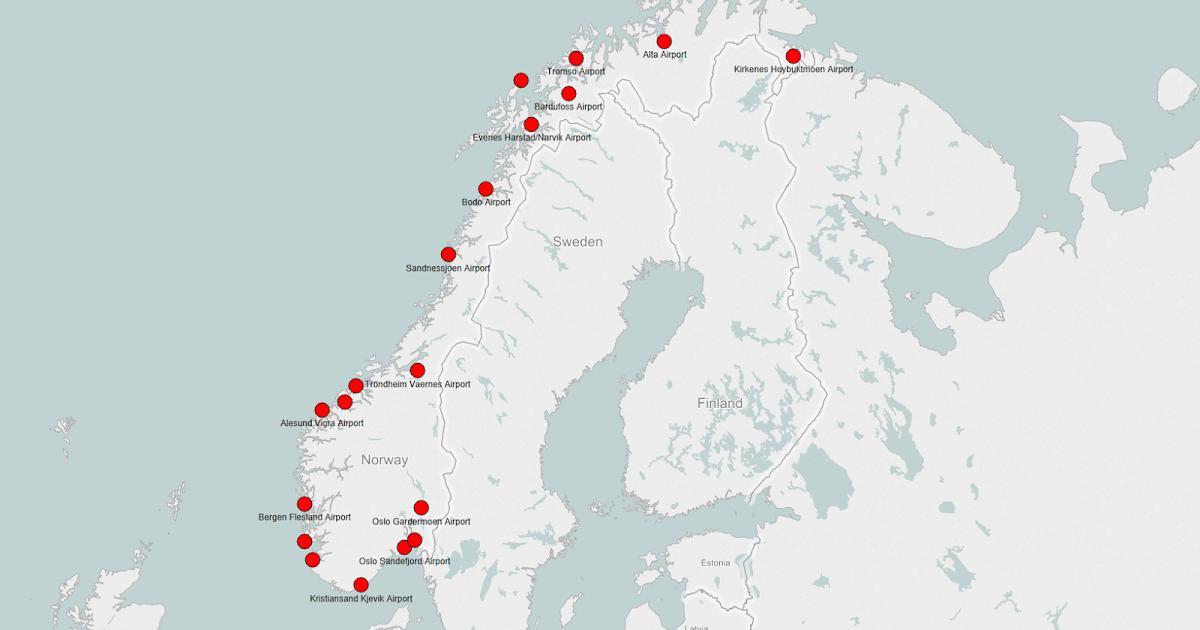 Карта Нарвегіі аэрапортаў