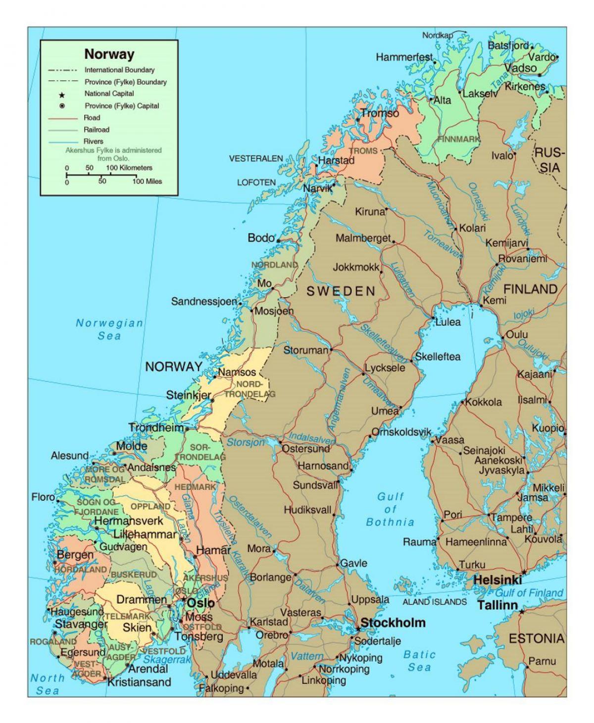 карта Нарвегіі з гарадамі