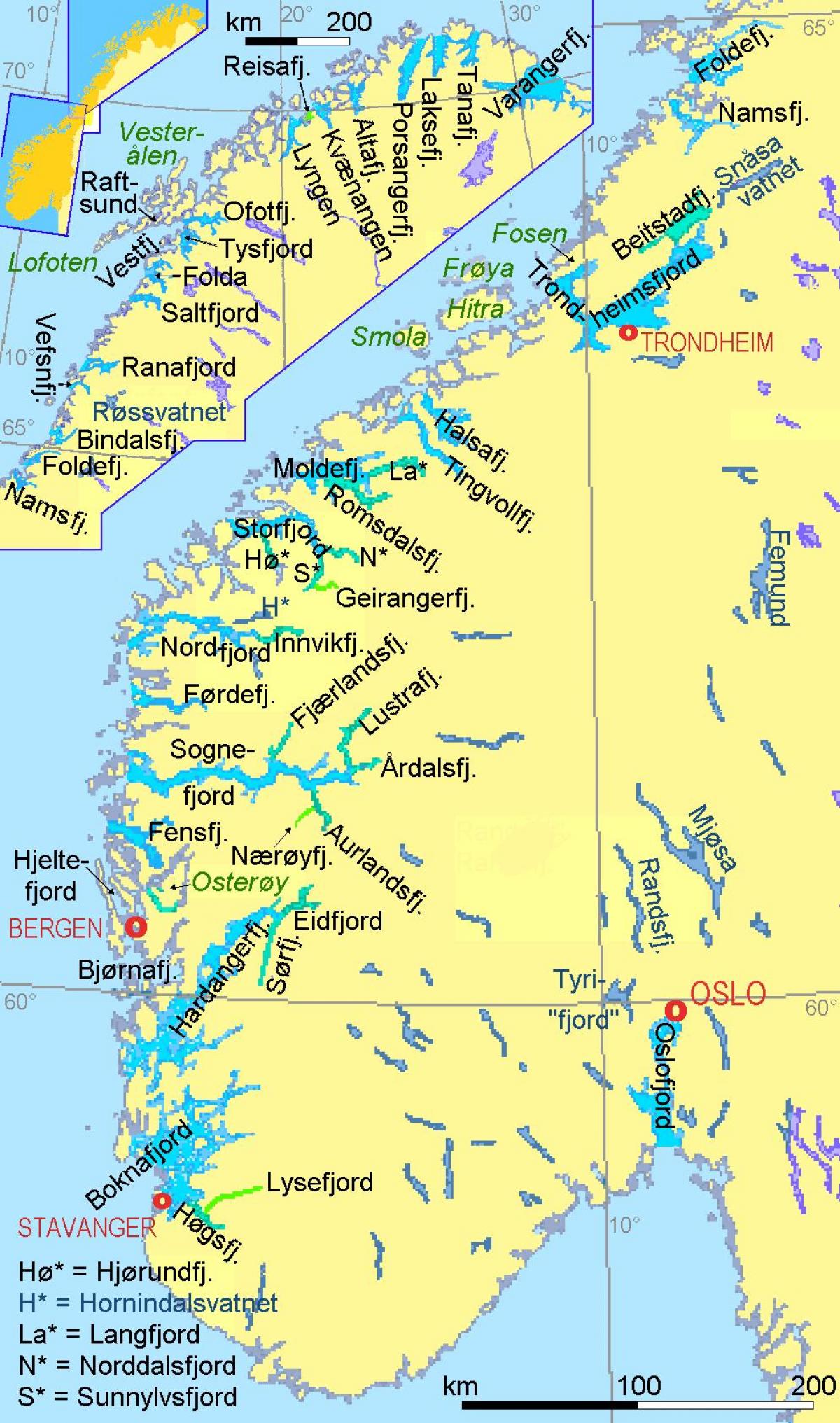 карта Нарвегіі паказвае фіёрды